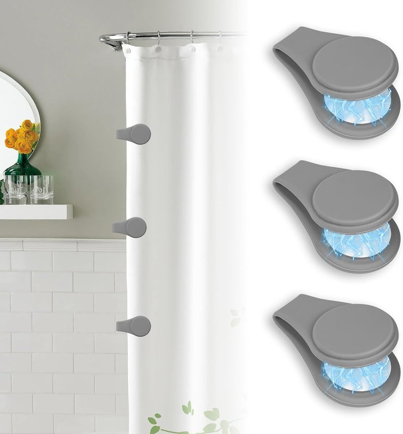 PRATIQUE 3PCS Silicone Magnetic Shower Curtain Clips for Liner, Self Adhesive Bathroom Windproof Splash Proof Multifunctional Fixed Clip Keep Curtain Liner Closed to Wall Shower Curtains Keeper (Grey) - Image 1